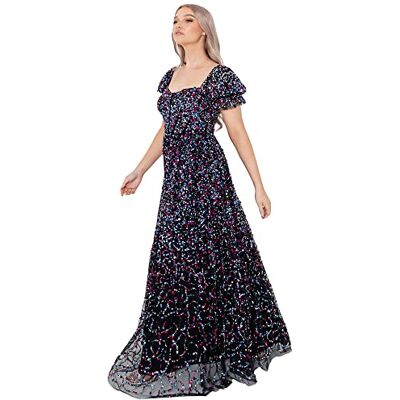 Maya Deluxe Vrouwen Dames Maxi Jurk Pailletten Versiering Korte Pofmouwen Sweatheart Hals Hoge Taille Lange Navy, Zwart, 36 Maya Deluxe Vrouwen Dames Maxi Jurk Pailletten Versiering Korte Pofmouwen Sweatheart Hals Hoge Taille Lange Navy, Zwart, 36