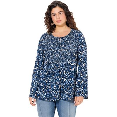 Ulla Popken Grote maten grote maten plus size blouse, gesmokt, ronde hals, uitlopende lange mouwen, marineblauw, 50/52 NL Ulla Popken Grote maten grote maten plus size blouse, gesmokt, ronde hals, uitlopende lange mouwen, marineblauw, 50/52 NL