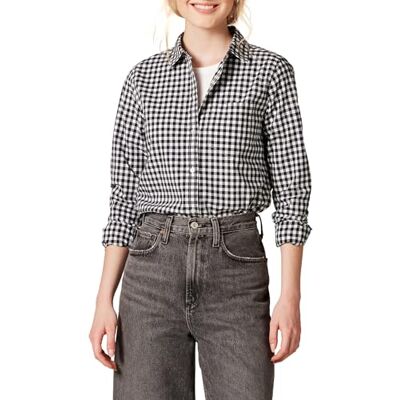 Amazon Essentials Dames klassieke pasvorm lange mouwen button-down poplin shirt, zwart wit gingham, X-Small Amazon Essentials Dames klassieke pasvorm lange mouwen button-down poplin shirt, zwart wit gingham, X-Small