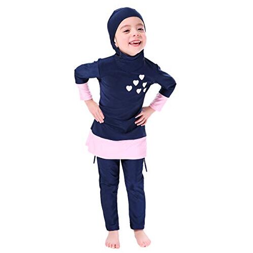 IBTOM CASTLE Moslim badpak voor kinderen, baby en meisjes, volledige cover, bescheiden islamitische tops met zwembroek, uv-bescherming, zwempak, badmode, set, burkini, zwemkleding, hijab, surfen kleding, moslim, zwemkleding met broek, blauw, 3-4 Jaren