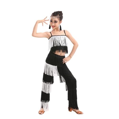EFLALYHG 2-delige set Latin dansjurk voor meisje kwastje rok ballroom danskleding danskostuums franje feestjurk danskleding,Black+white,140