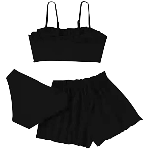 LOIJMK Badpak voor kleine meisjes, 3-delige set badpakken, solid bikini, roulf, badpak, slips, meisjes, bikini-badkledingset voor kinderen, meisjes, zwart, 12-14 Jaar