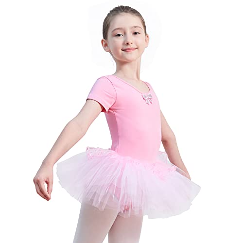 Kefiyis Balletpakje voor meisjes, tutu, balletjurk, korte mouwen, balletpakje met rok, ballerina kostuum, danskleding voor kinderen, roze, 140