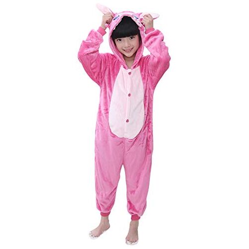 YAOMEI Kigurumi overall voor kinderen, uniseks, voor meisjes, jongens, fleece, anime, cosplay, Halloween, Kerstmis, feestkostuum, avondkleding, nachtkleding, Pinkstitch, 140 cm