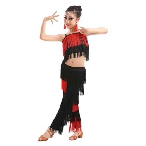 EFLALYHG 2-delige set Latin dansjurk voor meisje kwastje rok ballroom danskleding danskostuums franje feestjurk danskleding,Black+red,120