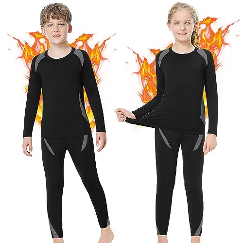 heekpek Kinderen Thermisch Ondergoed Sets Meisjes Jongens Thermisch Ondergoed Lange John Skin Basislaag Ultra Zachte Fleece Thermische Tops en Bottoms Kids Thermische Ondergoed Set, Zwart Grijs, M