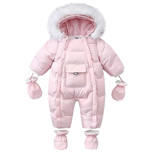 L SERVER Sneeuwpak baby jongens warm winddicht skipak meisjes fleece winteroverall dikke sneeuwoverall met handschoenen + voetbeschermers, roze, 86/92 cm