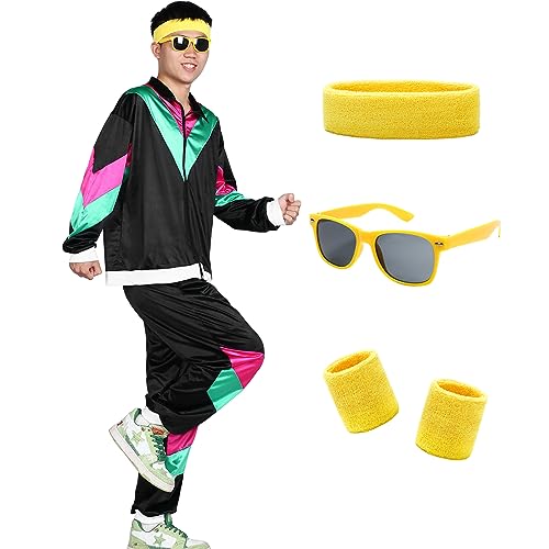 Alaiyaky Jaren 80-outfitset, jaren '80 en 90 trainingspak met jas, broek, hoofdband, armrails, bril, jaren 90-outfit, retro outfits voor bad- en knoopfeest, carnaval (zwart, M)