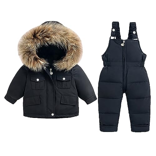 HUOQI Sneeuwpak voor kinderen, warm donsjack, set voor kinderen, jongens en meisjes, ski-overall, winter, warm, eendelig sneeuwpak, warm skipak, ademend sneeuwpak voor kinderen jongens, zwart, 3-4