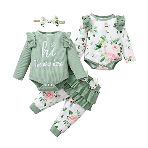 Borlai 4 stuks babymeisjes kleding pasgeborenen baby meisjes kleding lange mouwen ruches bloemen rompers broek hoofdband outfit set, groen, 3-6 Maanden