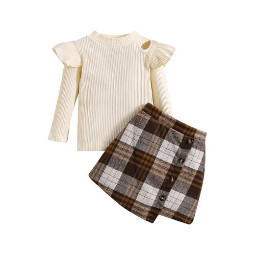 Qiraoxy Babymeisjeskleding met lange mouwen + A-lijn plaid rok set kleine meisjes mode kleding 2-delige outfit set 1-6 jaar