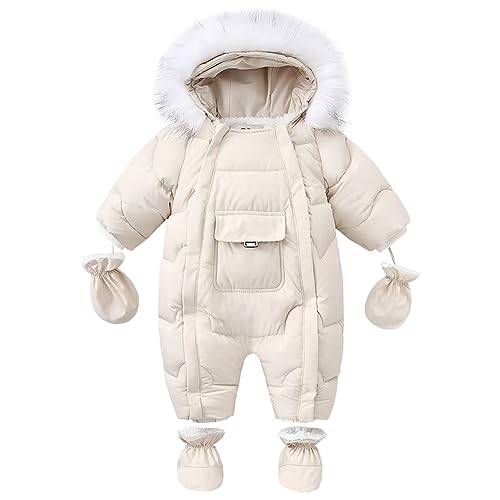 L SERVER Sneeuwpak baby jongens warm winddicht skipak meisjes fleece winteroverall dikke sneeuwoverall met handschoenen + voetbeschermers, beige, 68/74 cm