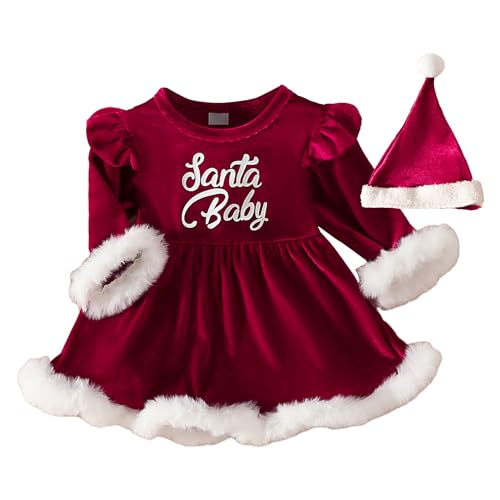 Gomice Kerstkleding voor babymeisjes Kerstjurken voor peutermeisjes met lange mouwen en hoed,Baby kerstoutfit voor babymeisjes van 0-2 jaar oud, kerstromper babymeisje voor de winter, cosplay