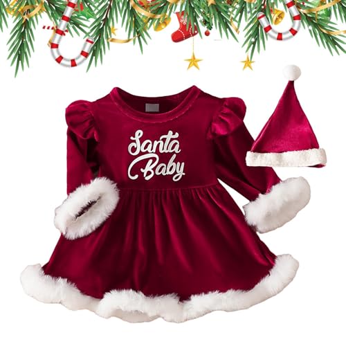 Bexdug Kerstjurk voor babymeisje,Kerstjurk met lange mouwen voor babymeisje met hoed Kerstromper babymeisje voor babymeisjes van 0-2 jaar oud voor winter, vakantie, foto, feest, cosplay