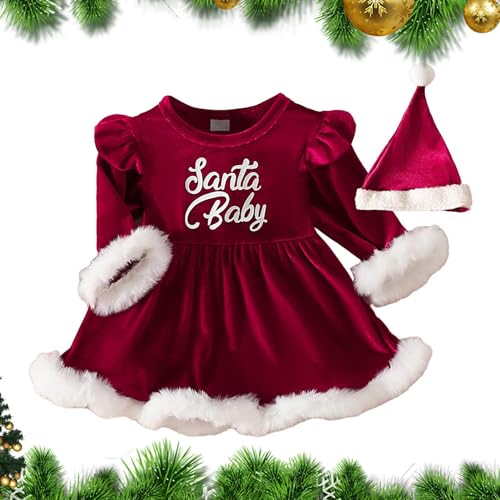 Aibyks Kerstkleding voor babymeisjes,Kerstjurk voor peuters met lange mouwen en hoed   Baby kerstoutfit voor babymeisjes van 0-2 jaar oud, kerstromper babymeisje voor de winter, cosplay