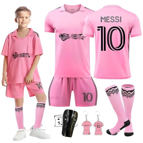 Byhsoep Voetbalshirt, voetbalset voor kinderen met shirt, voetbalshirt met shorts, sokken en kniebeschermers, Mesi-roze, 26/140-150cm