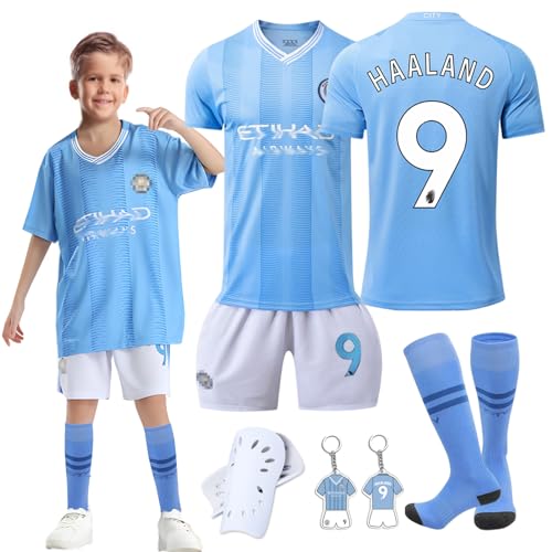 Byhsoep Voetbalshirt, voetbalset voor kinderen met shirt, voetbalshirt met shorts, sokken en kniebeschermers, Haland, 26/140-150cm