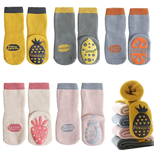 FedMois 5 paar Baby kinderen winter sokken met anti slip grip dikke thermische sokken, fruit, 3-5 jaar