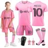 Byhsoep Voetbalshirt, voetbalset voor kinderen met shirt, voetbalshirt met shorts, sokken en kniebeschermers, Mesi-roze, 26/140-150cm