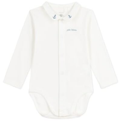 Petit Bateau Babybody met geborduurde kraag en boodschap op de borst Petit Bateau Babybody met geborduurde kraag en boodschap op de borst