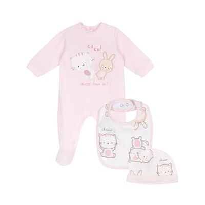 Chicco Geschenkdoos: romper, slabbetje, muts, set voor jongens en meisjes (3-pack), Roze, 1-3 mesi Chicco Geschenkdoos: romper, slabbetje, muts, set voor jongens en meisjes (3-pack), Roze, 1-3 mesi