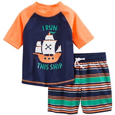 Simple Joys by Carter's Badpak voor peuters en babyjongens met zwembroek en rashguard-set, Navy Oranje Schepen/Witte Streep, 24 Months Simple Joys by Carter's Badpak voor peuters en babyjongens met zwembroek en rashguard-set, Navy Oranje Schepen/Witte Streep, 24 Months