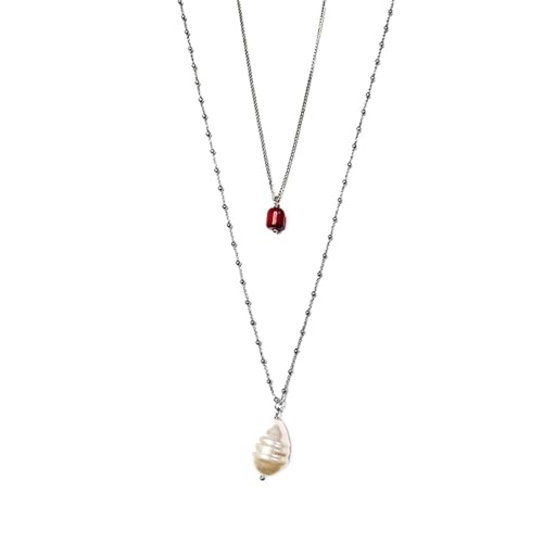 ONDIAN Meerlaagse kettingen en ketting met parelhanger voor dames RVS ketting rood koraal