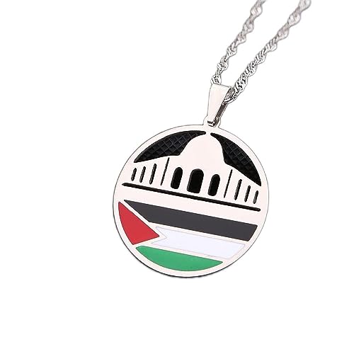 LODMLOER Roestvrij stalen ketting Al Aqsa moskee en Palestina hanger ketting Palestina vlag ketting sieraden mode ronde Jeruzalem Masjid Aqsa roestvrij stalen ketting charme, grijs, 60 cm