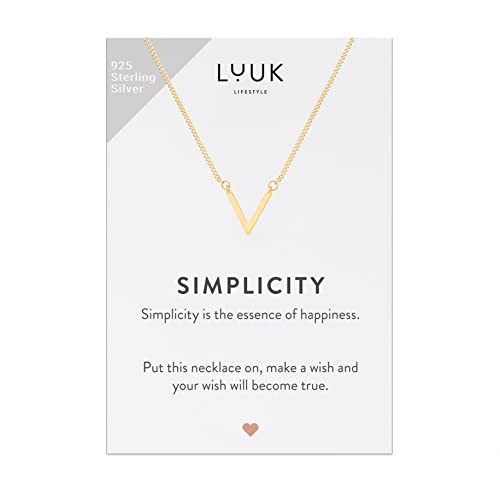 LUUK LIFESTYLE 925 zilveren ketting met V hanger I V brief en wenskaart, geluksbrenger, vriendschapsketting, verjaardagscadeau, cadeau, dames juwelen, goud