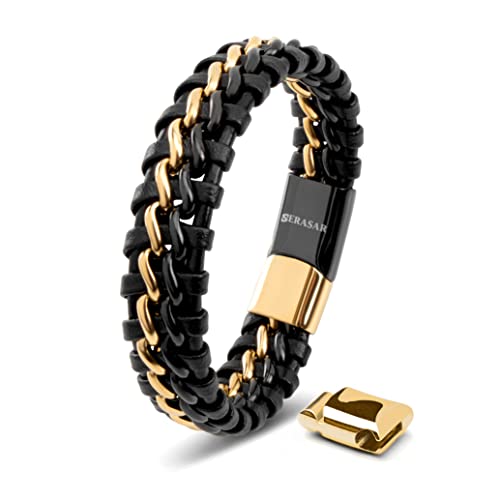 SERASAR Herenarmbanden Armband Goud Heren Armband Leer voor Heren 23cm Lederen Armband Leren-Armband Mannen-Armband Cadeau Man Sieraden Vlechtarmband Wikkelarmband Leren-Ketting Leather Bracelet Men