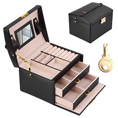 JOYUE Sieradendoos, Juwelendoos, Reisjuwelen Opbergkoffer, Drie Lagen PU Lederen Sieraden Organizer met Spiegel en Slot voor Ringen Armbanden Oorbellen Kettingen (Zwart)