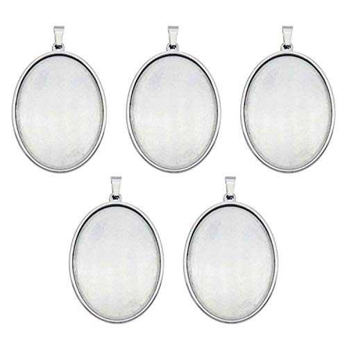 Julie Wang Pack van (x5) Zilver Roestvrij Staal Basisinstellingen Ovale Binnenkant 40x30mm Lege Bezel Frames Fit Cameo Cabochons Afbeeldingen Afbeeldingen Hanger Dienbladen Sieraden Maken Accessoires