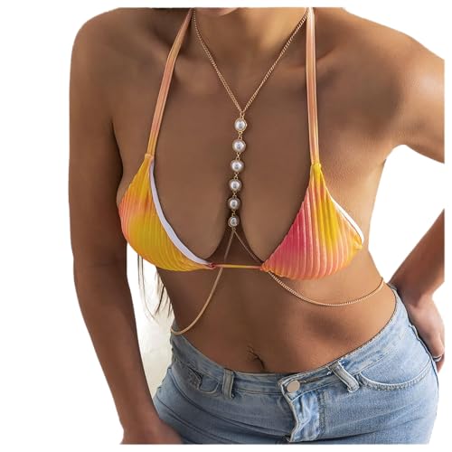 Dishowme Parel Body Chain Bra Bikini Faux Parel Borst Ketting Boho Kralen Harnas Taille Buikketting Zomer Strand Body Sieraden voor Vrouwen Meisjes (Goud)