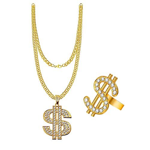 Whcctl Hip Hop Dollar halsketting & ringen, heren dollar teken halsketting, dollarteken hanger halsketting ketting, rap zanger goud US dollar hanger ketting, heren verguld hiphop hanger halsketting, groen