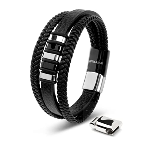 SERASAR Herenarmbanden Armband Zilver Heren Armband Leer voor Heren 23cm Lederen Armband Leren-Armband Mannen-Armband Cadeau Man Sieraden Vlechtarmband Wikkelarmband Leren-Ketting Leather Bracelet Men