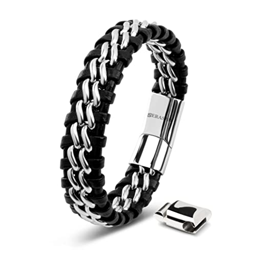 SERASAR Herenarmbanden Armband Zilver Heren Armband Leer voor Heren 23cm Lederen Armband Leren-Armband Mannen-Armband Cadeau Man Sieraden Vlechtarmband Wikkelarmband Leren-Ketting Leather Bracelet Men