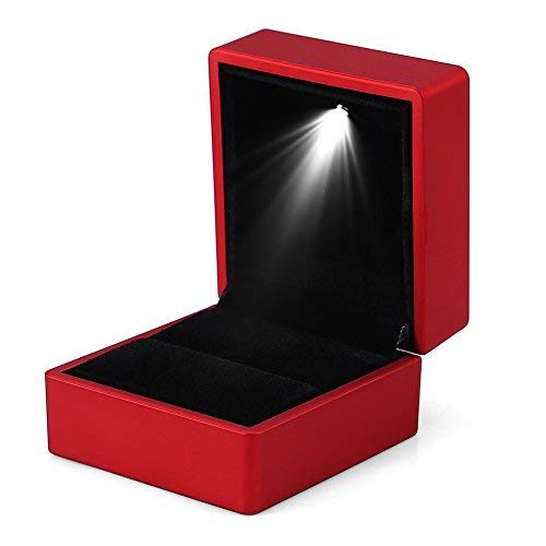 Sonew Duevin ringdoosje met LED-licht, bruiloft, ringdoos, huwelijksaanzoek, ring box voor verlovingsring, sieradenringhouder, bruiloft, verloving, (rood)