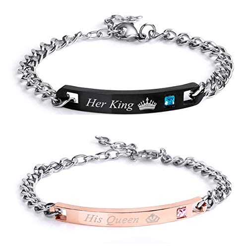 Hongyantech Paar dames heren koppelarmbanden gravure His Queen en Her King een paar partnerarmbanden van roestvrij staal liefdespartner armbanden roségoud zwart