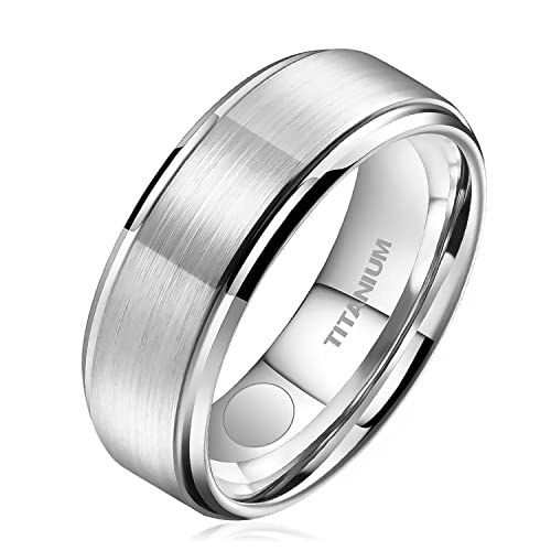 JEROOT Titanium magnetische ringen, 8 mm zilver, magneetring, voor heren en dames, magnetische ringen, gepolijste lifestyle-ring, sterke magneet (3500 gauss)
