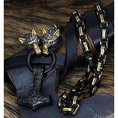 SBRTL Heren Wolf Hoofd Mjolnir Ketting, Roestvrij Staal Thor's Hamer Amulet Hanger Sieraden Met Groot Roestvrij Staal Handgemaakte Byzantijnse Wolf King Ketting Goud Zilver Zwart,Black,60cm