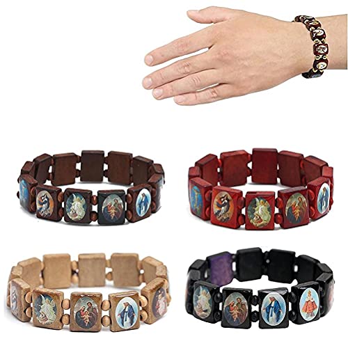 CeFoney Houten Rozenkrans Jezus Armband Elastische Stretch Bangle Met Foto's van Religieuze Heiligen Katholieke Heilige Goden Godin Gebed Manifestatie Armband 4 Stuks