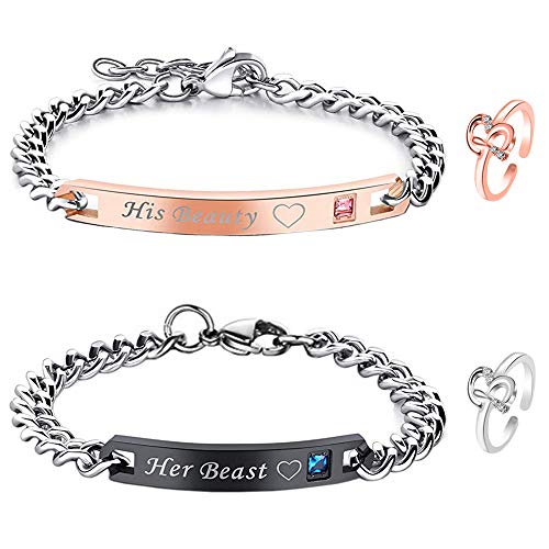 Huture Armbanden voor dames en heren, met belletjes, armband met gravure, letters 'Her Beast & His Beauty, paar roestvrij stalen pantserarmbanden voor koppels, geschenken (zwart, zilver, roségoud)