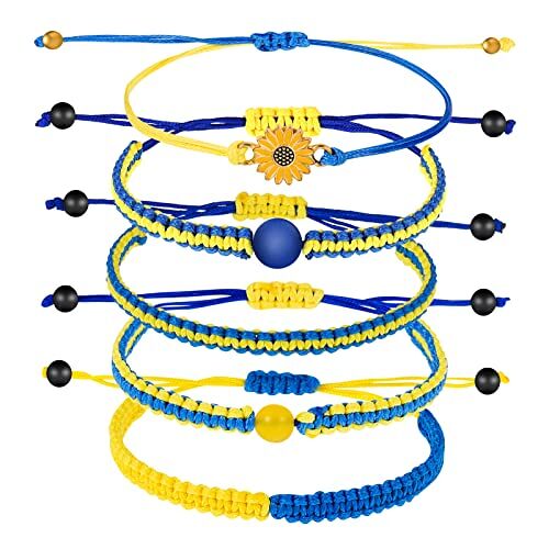 RSZYP 5 stks Verstelbare Gevlochten Armbanden, Blauw Geel Armband Handgemaakte Cord Armband Set Vrede Zonnebloem Armband Vriendschap Armband Paar Armbanden Unisex