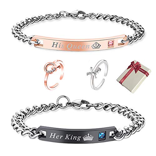 Huture Armbanden voor dames en heren, partnerarmbanden en paar belt, armband met gravure letters Her King & His Queen, paar roestvrijstalen pantserarmband voor geliefden, geschenken (zwart, zilver,