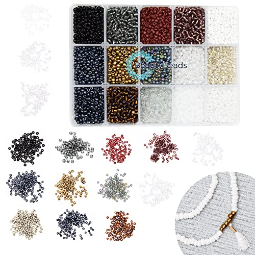 BeautyBeads Kralenset voor het rijgen en zelf maken van sieraden, armbanden en oorbellen, kralenbox met 3 mm glaskralen, meer dan 6500 rocaille-kralen in 15 kleuren, kralen in neutrale kleuren