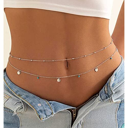 Prosy Pailletten Taille Ketting Turquoise Body Chain Zilveren Buikkettingen Riem Zomer Strand Kostuum Sieraden Verstelbaar voor Vrouwen en Meisjes