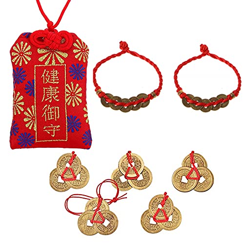 XHBTS Japanse Omamori amulet geluksbrenger hangende zak en 5 Chinese Feng Shui munten 2 munten armband voor geluk en gezondheid