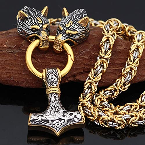 QQTQQ Viking Thor's Hammer Wolf Head Hanger, Noorse Mythologie heidense Mjolnir ketting, zware Byzantijnse ketting Mythologie Rune Fashion Unisex sieraden, MixedGold-70CM