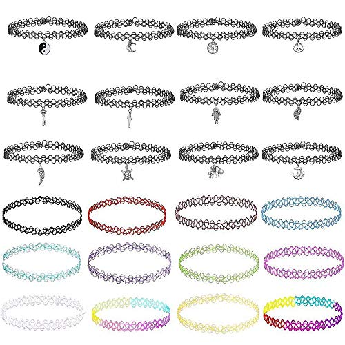 NvWang Choker Halskettingen, Choker Halsband met Henna Ketting Tattoo Ketting Gothic Stretch Elastische Ketting Set (24 stuks)