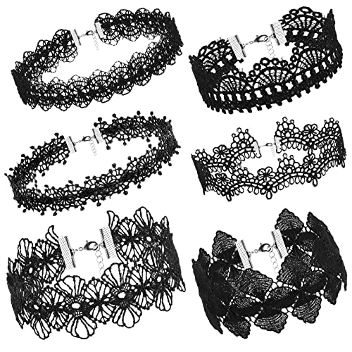 Yolev 6 Stuks Zwarte Choker Ketting Set Stretch Kettingen Zwart Kant Tattoo Choker Gothic Ketting voor Vrouwen Meisjes, Zwart, One size